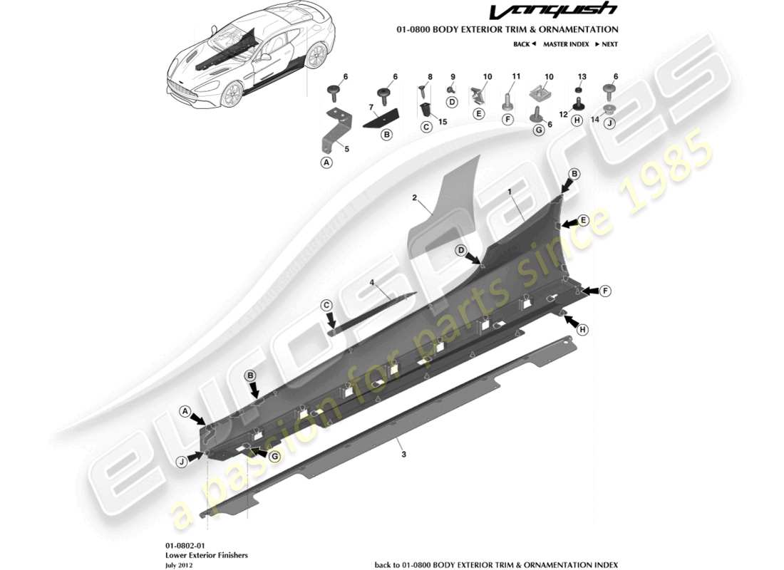 aston martin vanquish (2017) teilediagramm für untere außenverkleidungen