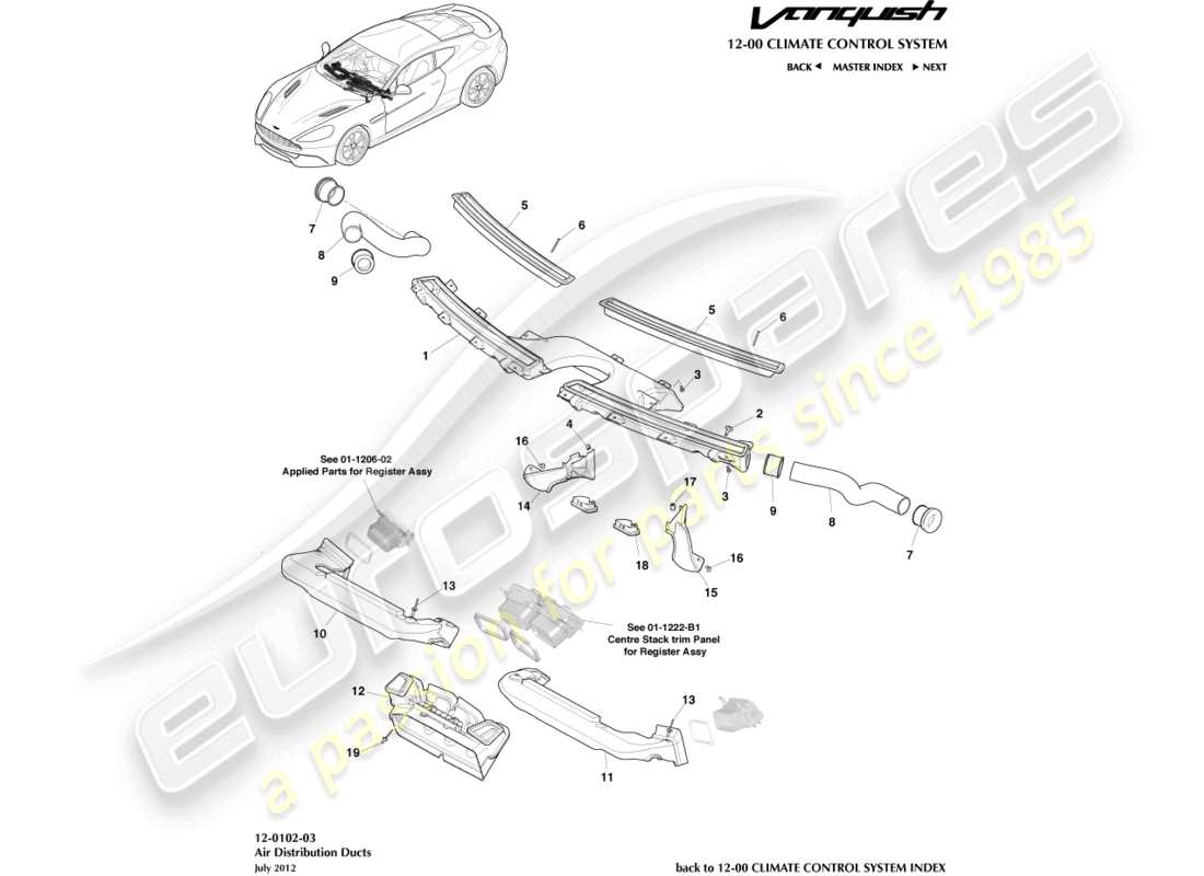aston martin vanquish (2017) teilediagramm der luftverteilungskomponenten