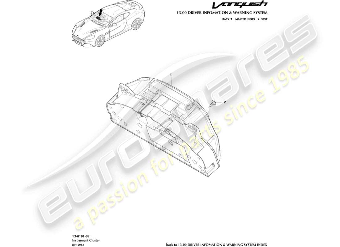 aston martin vanquish (2018) kombiinstrument teilediagramm