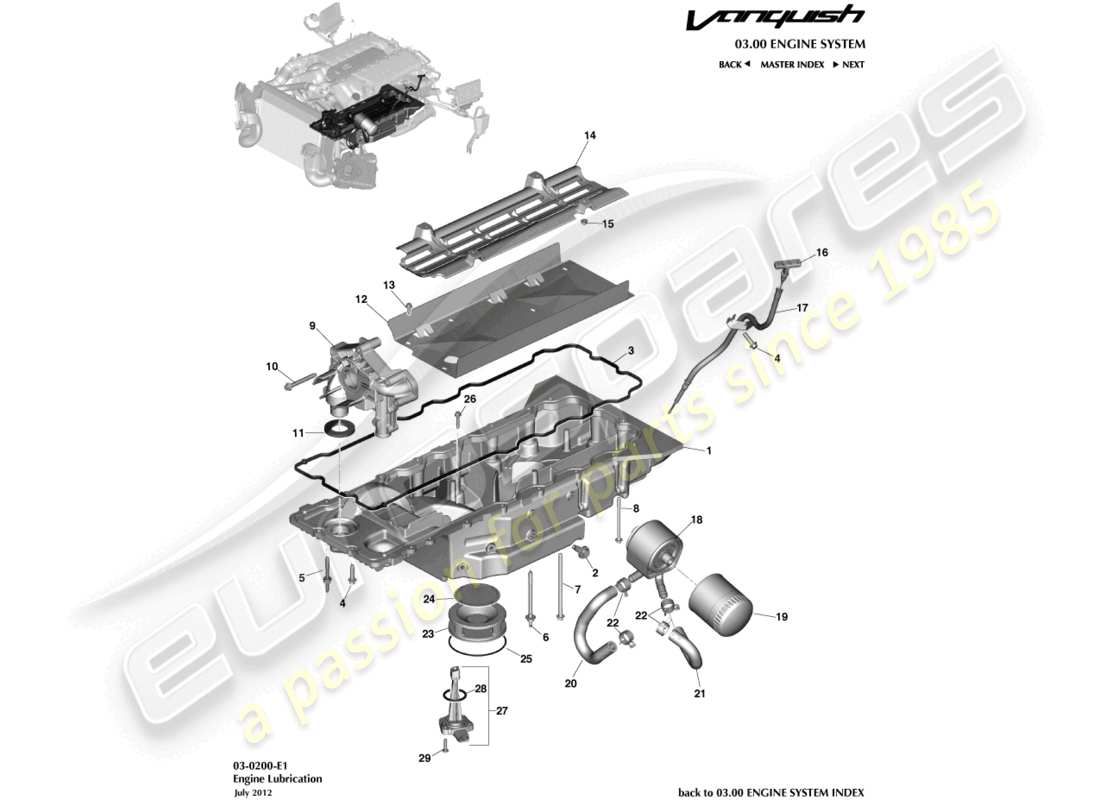 aston martin vanquish (2018) teilediagramm für die motorschmierung