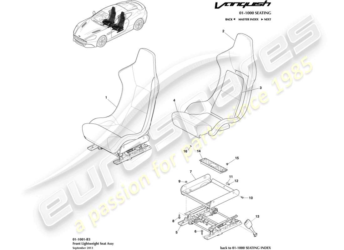 aston martin vanquish (2016) teilediagramm für leichte vordersitze