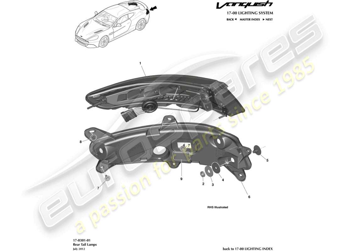aston martin vanquish (2017) teilediagramm für rückleuchten