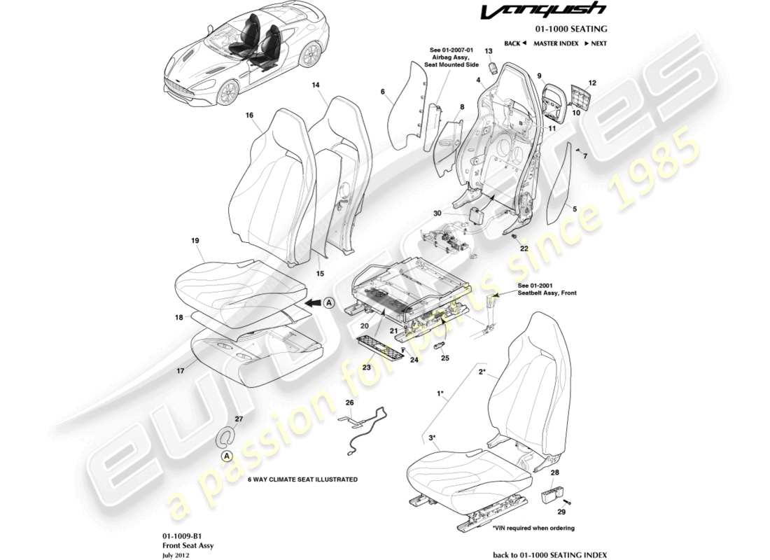 aston martin vanquish (2016) teilediagramm für vordersitze