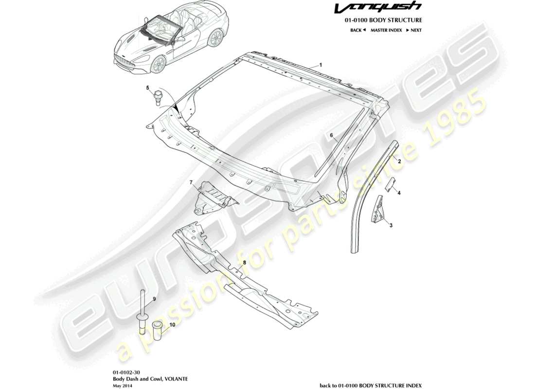aston martin vanquish (2017) karosserie, armaturenbrett und motorhaube, volante-ersatzteildiagramm