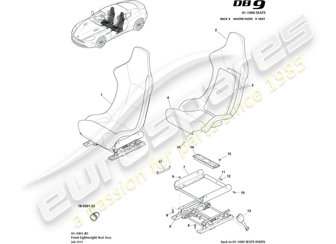 aston martin db9 (2017) teilediagramm für leichte vordersitze