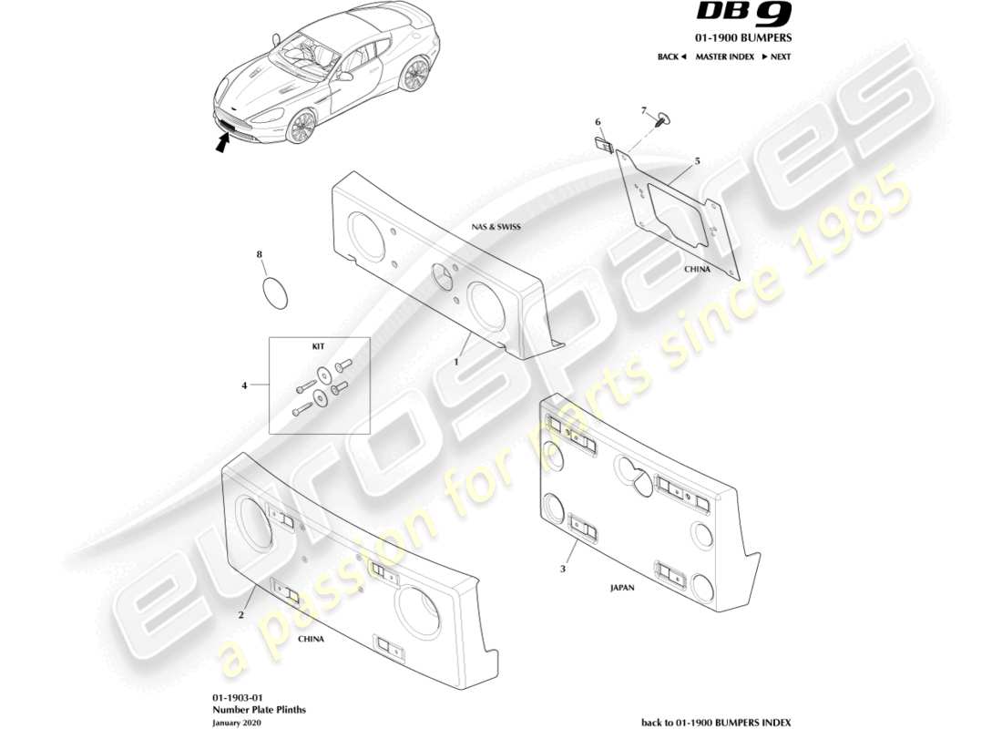 aston martin db9 (2017) teilediagramm für nummernschildsockel