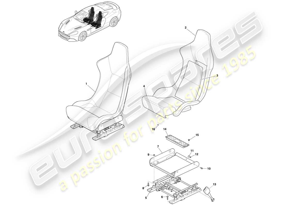 aston martin vanquish (2013) teilediagramm für leichte vordersitze