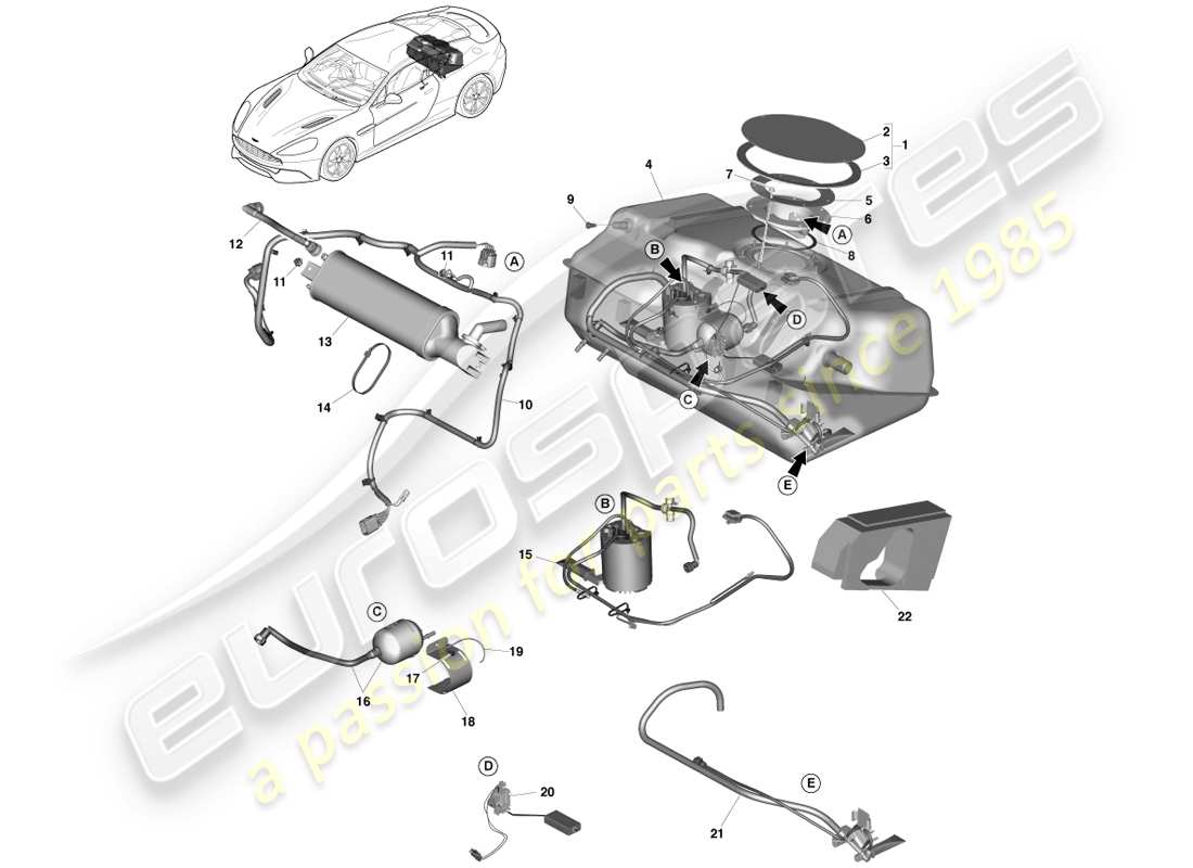 aston martin vanquish (2013) teilediagramm der kraftstofftankbaugruppe