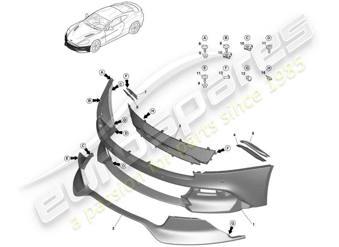 aston martin vanquish (2013) frontstoßstange teilediagramm