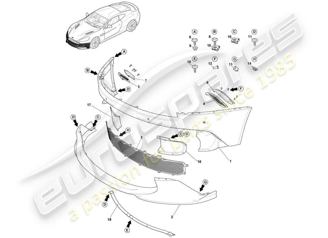 aston martin vanquish (2013) vordere stoßstange, s-teilediagramm