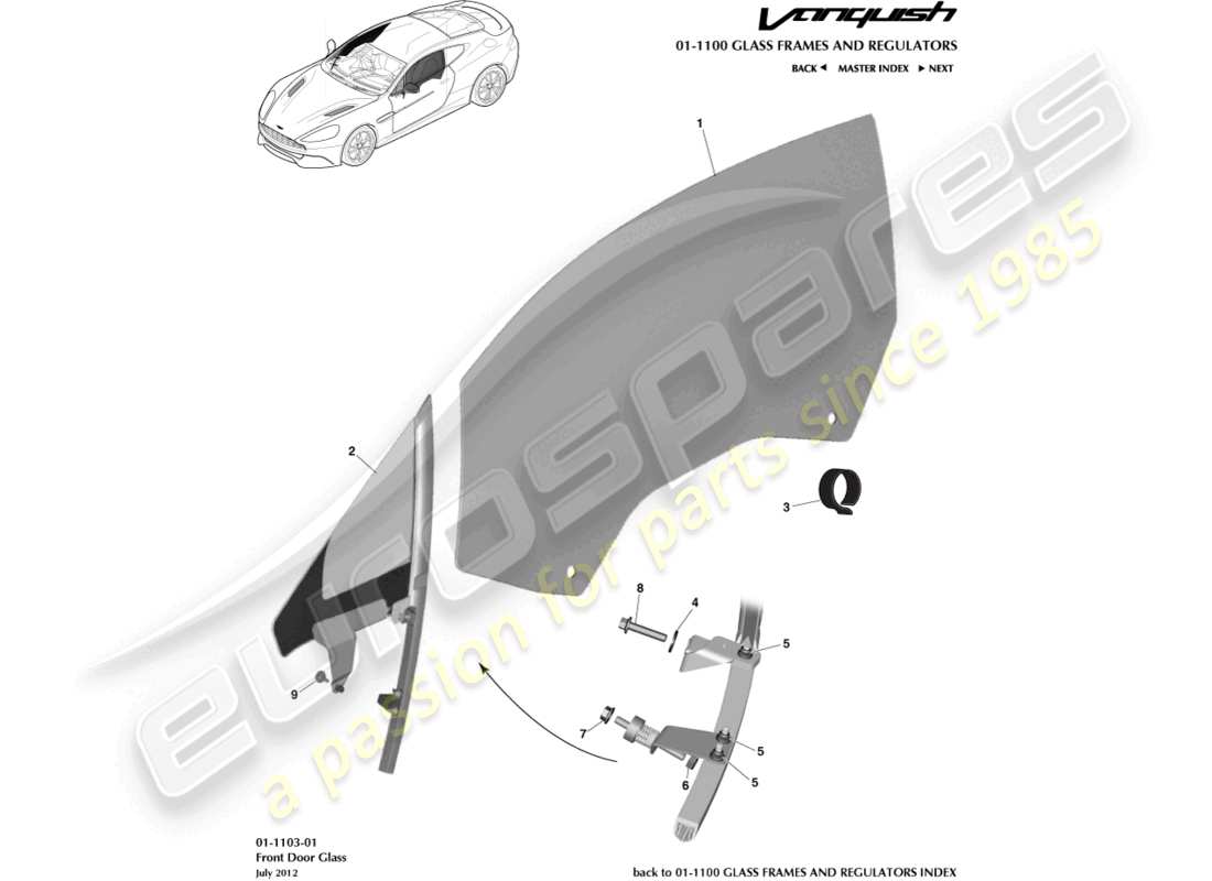 aston martin vanquish (2016) teilediagramm für vordertürglas