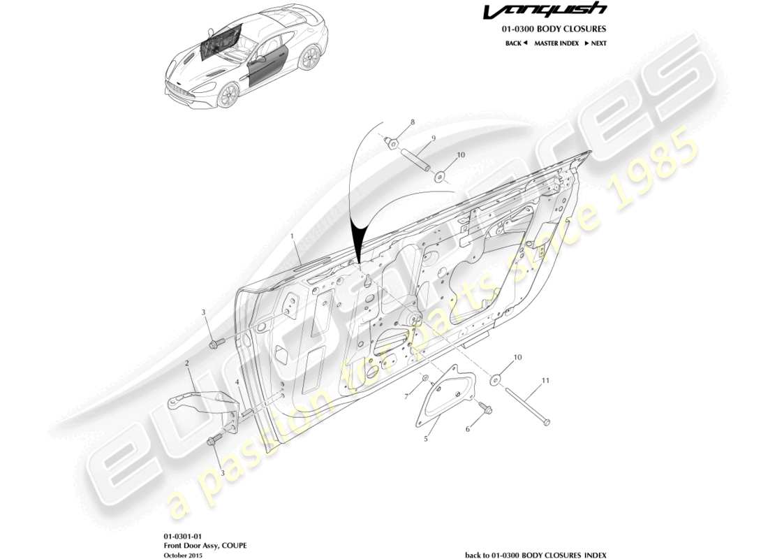 aston martin vanquish (2016) teilediagramm der vordertürbaugruppe