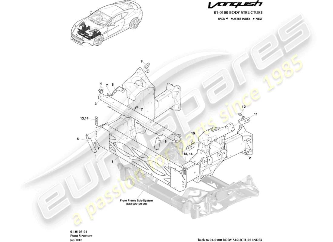 aston martin vanquish (2017) teilediagramm der frontstruktur