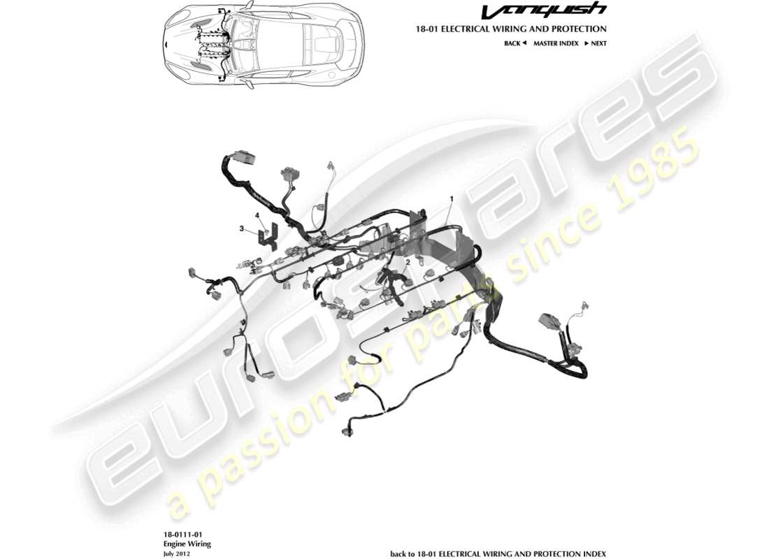 aston martin vanquish (2016) teilediagramm für motorkabelbaum