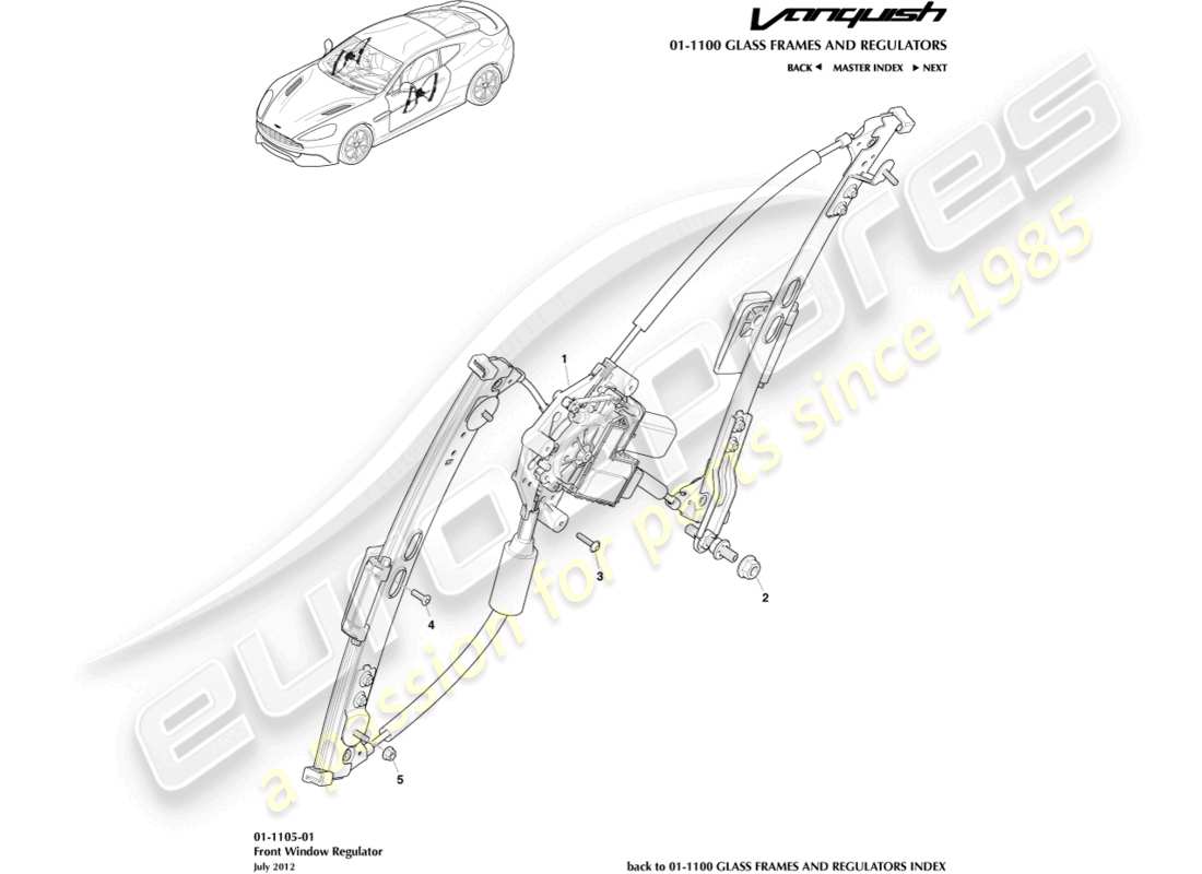 aston martin vanquish (2016) teilediagramm für vorderen fensterheber