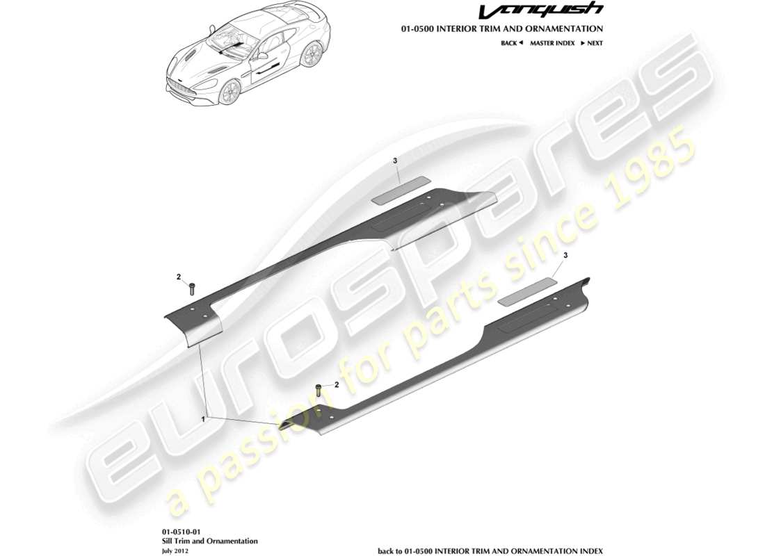 aston martin vanquish (2016) teilediagramm für schwellerverkleidung und verzierung