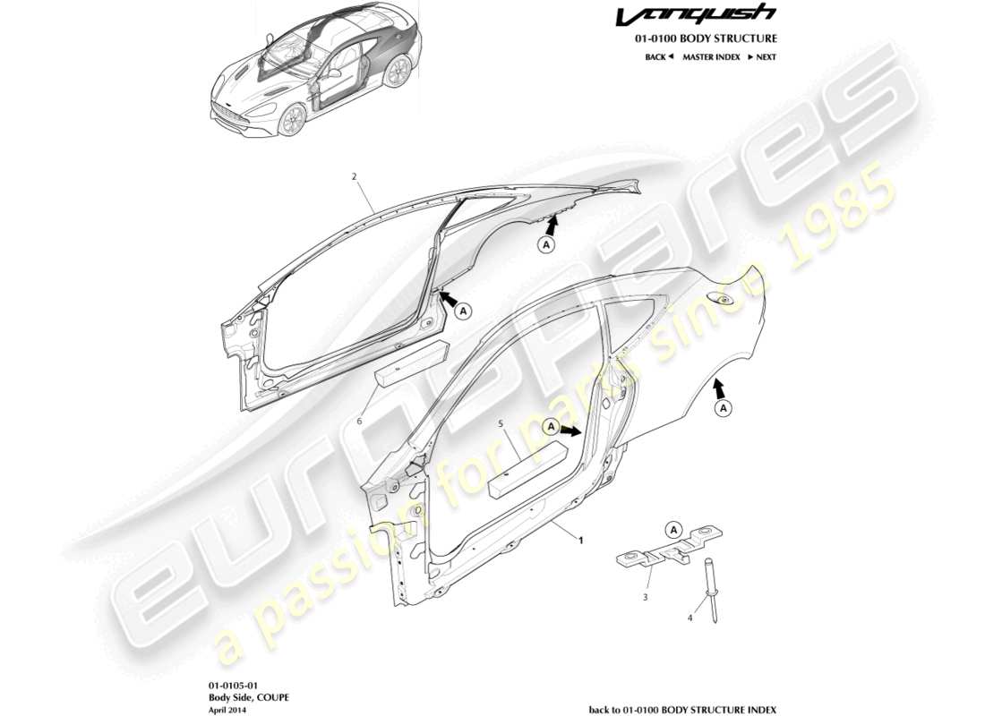 aston martin vanquish (2017) karosserieseite, coupé-teilediagramm