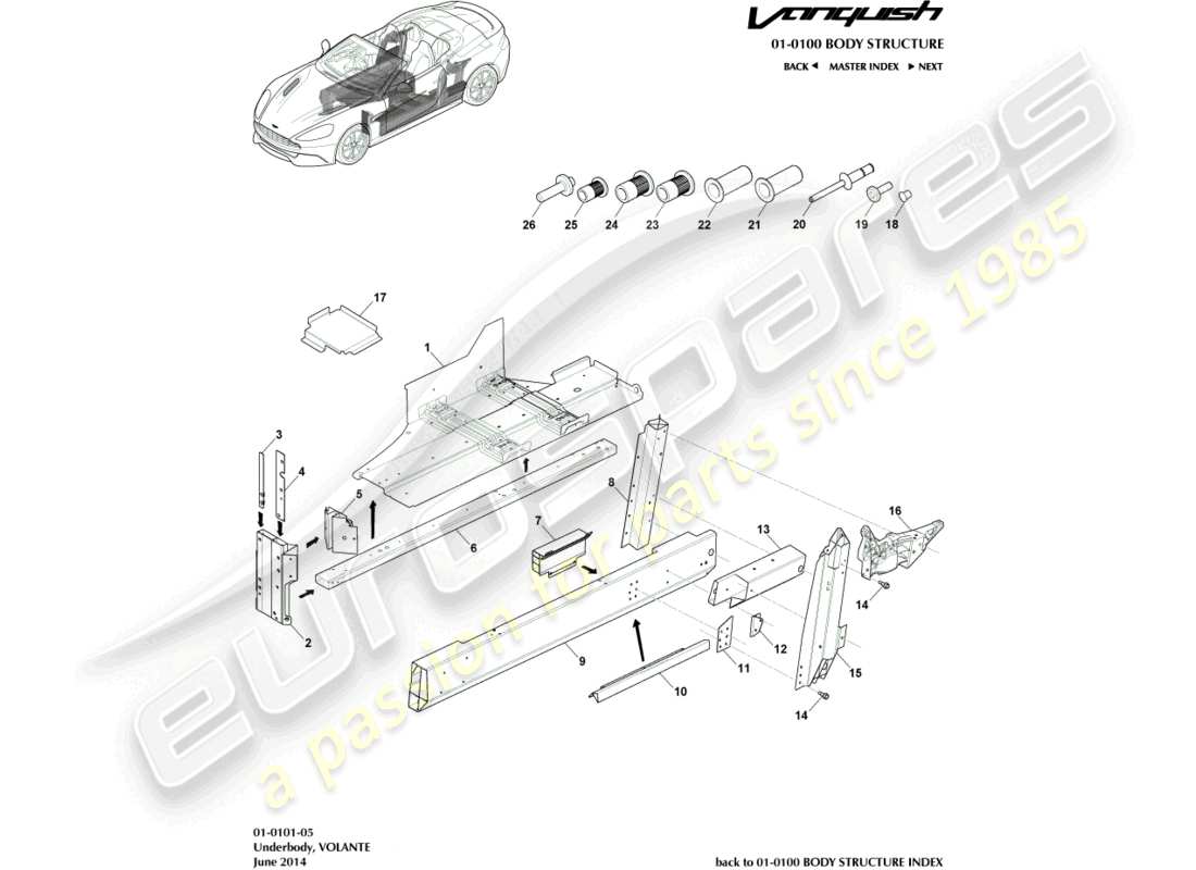 aston martin vanquish (2017) unterboden, volante-teilediagramm