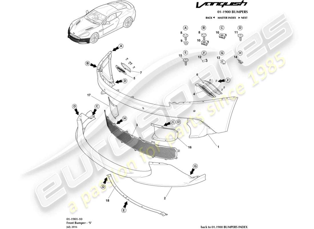 aston martin vanquish (2016) vordere stoßstange, s-teilediagramm
