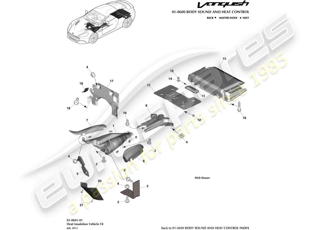 aston martin vanquish (2017) wärmedämmung, fahrzeug-einbauteildiagramm