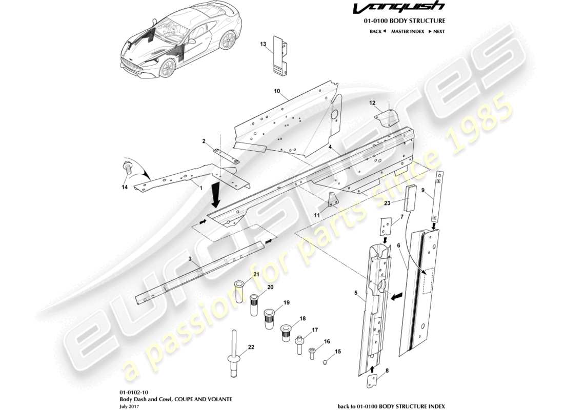 aston martin vanquish (2017) karosserierahmen, vorderteildiagramm