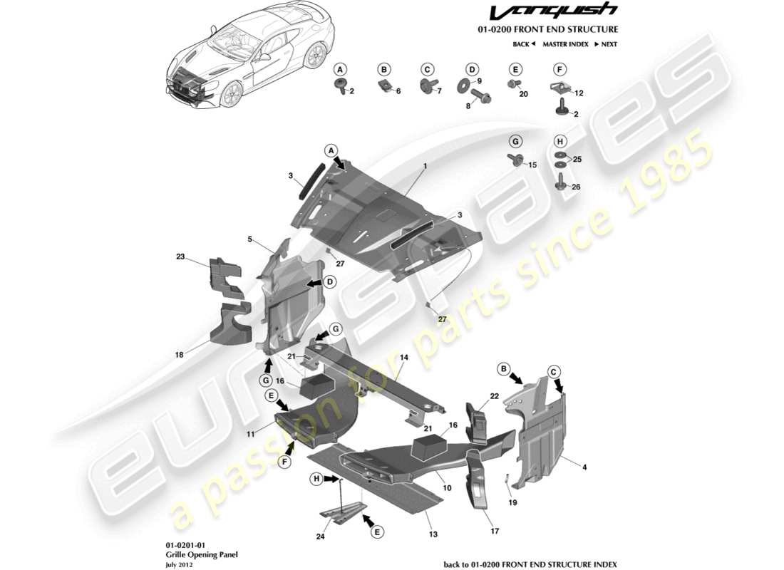 aston martin vanquish (2017) teilediagramm für kühlergrillöffnungsplatte
