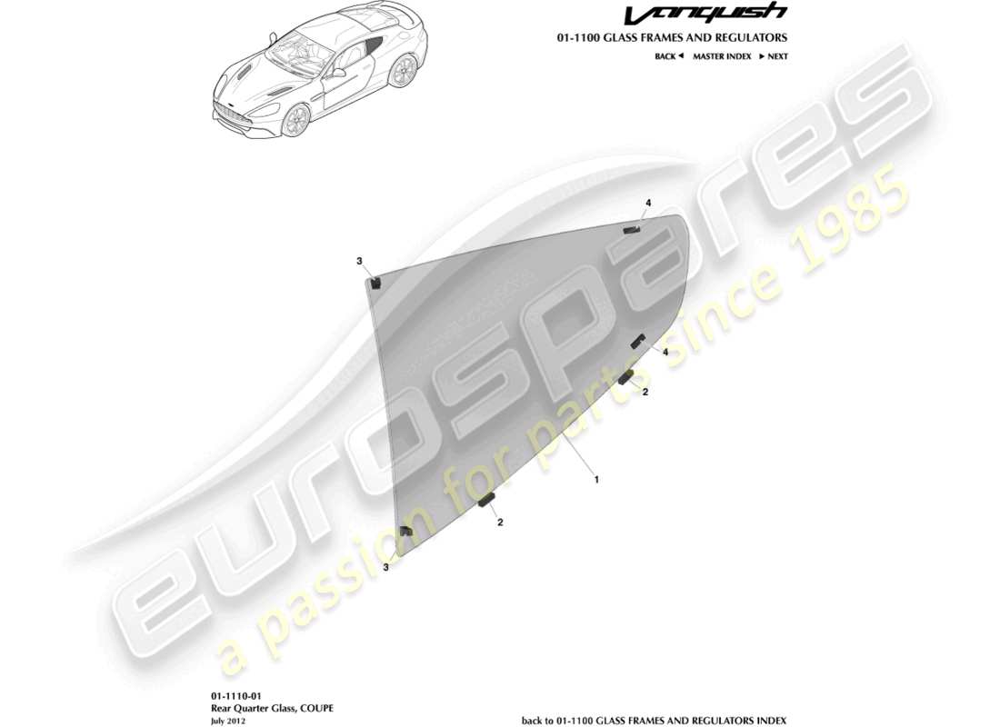 aston martin vanquish (2018) hintere seitenscheibe, coupé teilediagramm