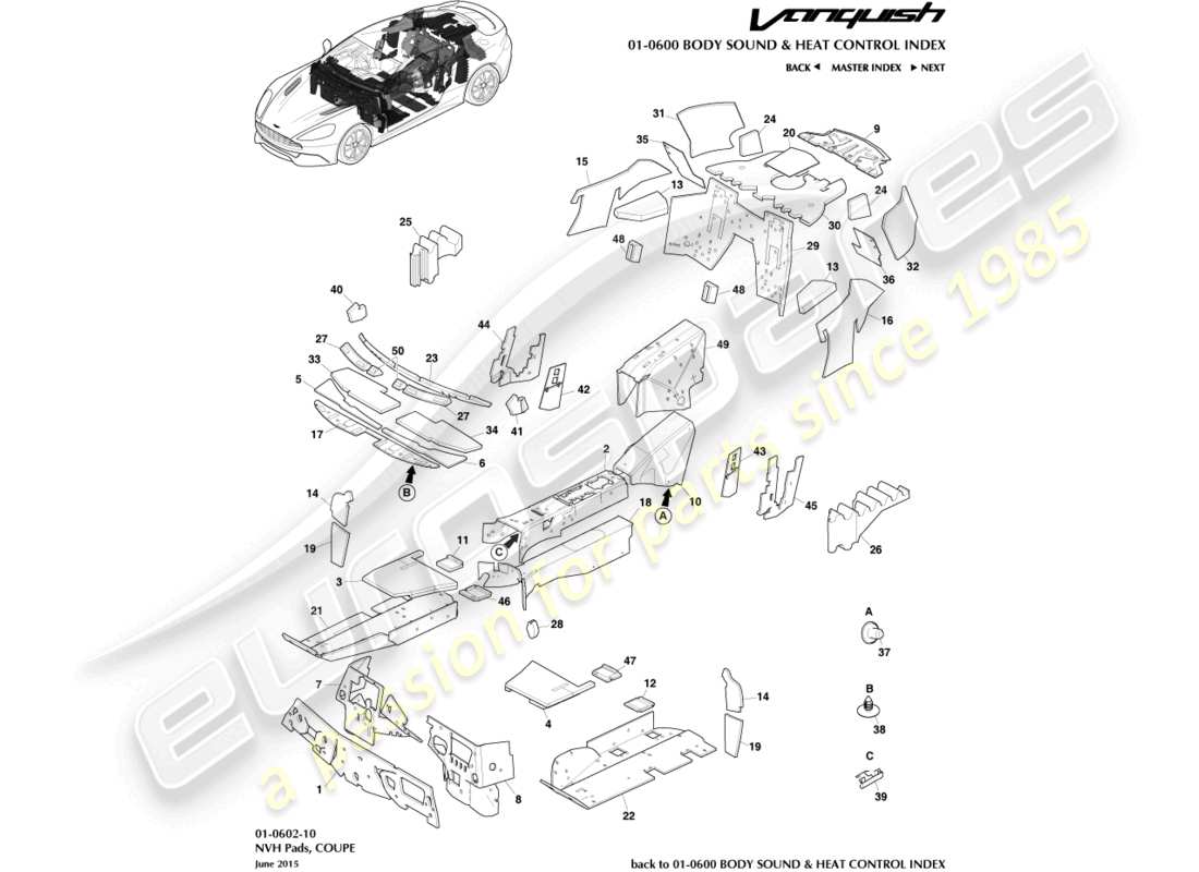 aston martin vanquish (2016) geräuschisolierung, coupé-teilediagramm