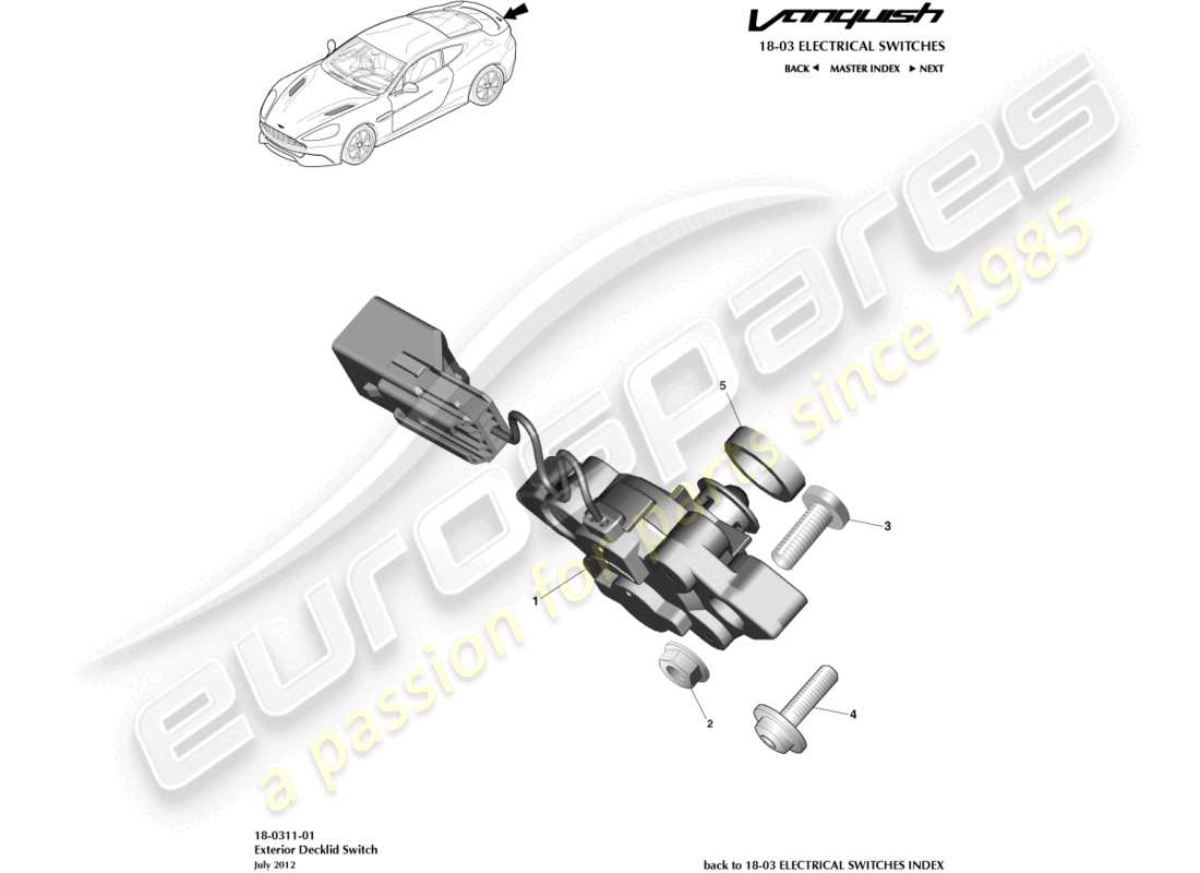 aston martin vanquish (2017) teilediagramm für den äußeren kofferraumdeckelschalter
