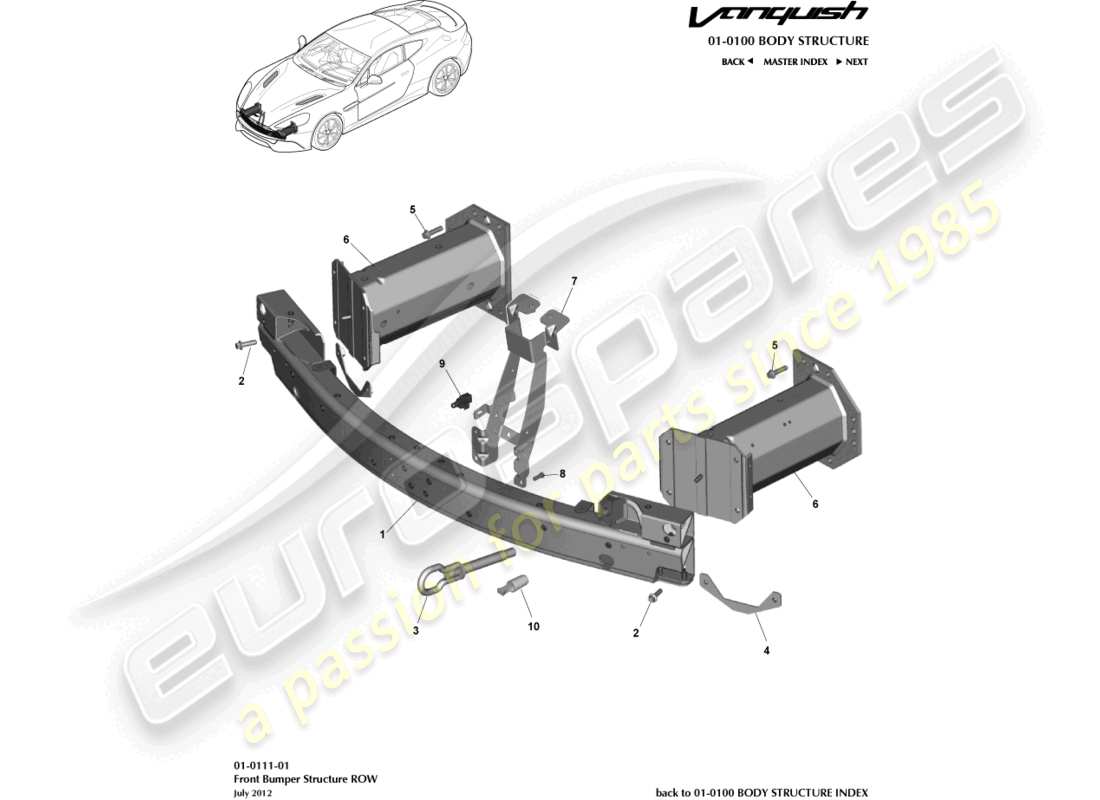 aston martin vanquish (2017) frontstoßfängerstruktur, row-teilediagramm