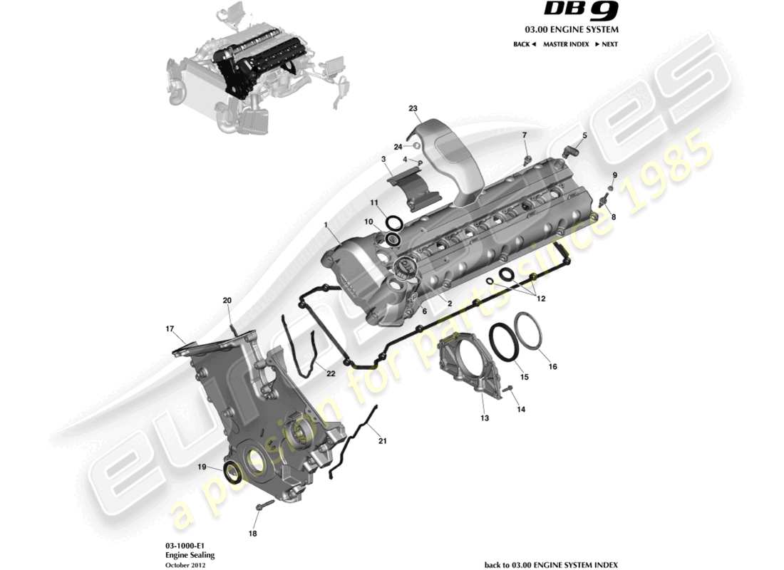 aston martin db9 (2015) teilediagramm für motordichtungen