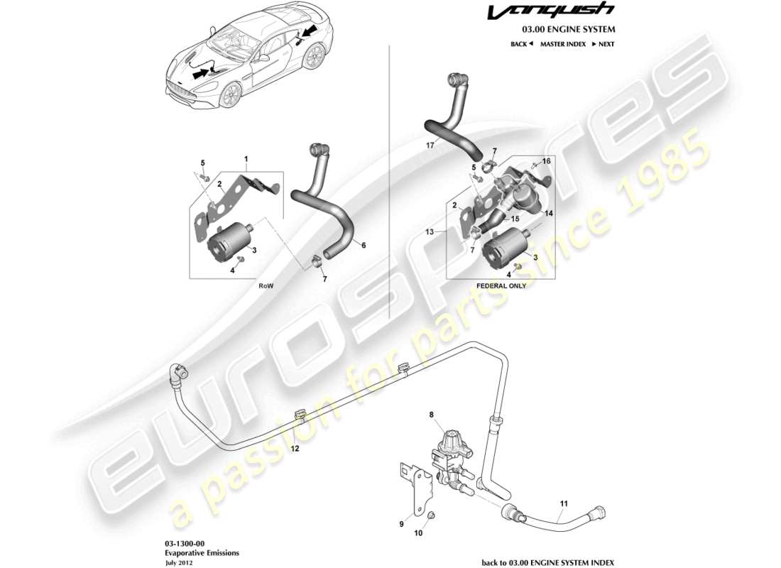 aston martin vanquish (2016) teilediagramm für verdunstungsemissionen
