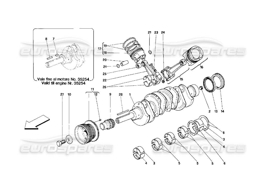 ferrari 348 (2.7 motronic) teilediagramm für kurbelwelle, pleuel und kolben