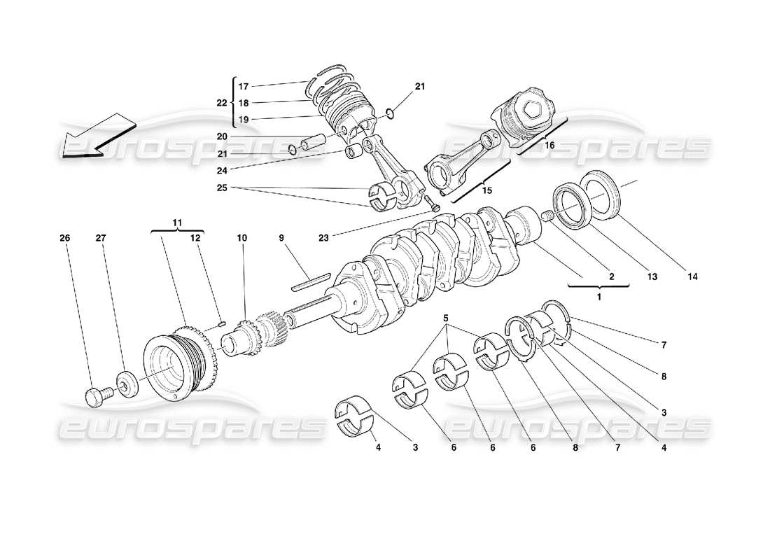 ferrari 355 (2.7 motronic) teilediagramm für kurbelwelle, pleuel und kolben