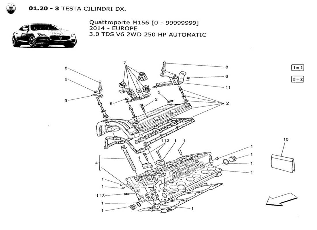 maserati qtp. v6 3.0 tds 250bhp 2014 teilediagramm für rechten zylinderkopf