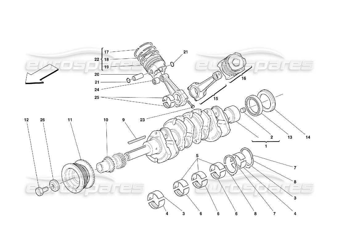 ferrari 355 (5.2 motronic) teilediagramm für kurbelwelle, pleuel und kolben