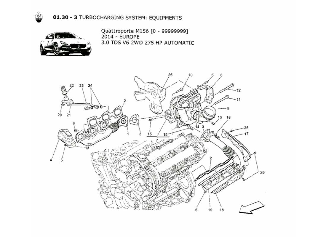 MASERATI QTP. V6 3.0 TDS 275BHP 2014 TURBOLADERSYSTEM: AUSRÜSTUNG TEILEDIAGRAMM maserati qtp. v6 3.0 tds 275bhp 2014 turboladersystem: ausrüstung teilediagramm