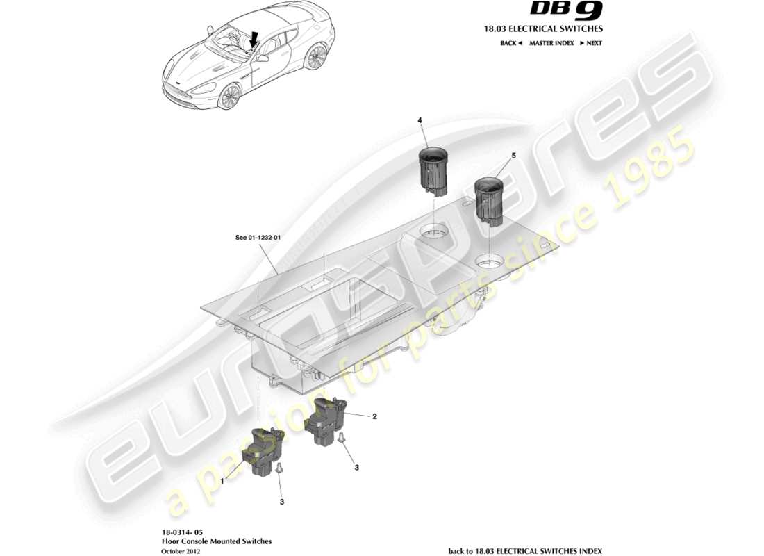 aston martin db9 (2014) teilediagramm für bodenkonsolenschalter