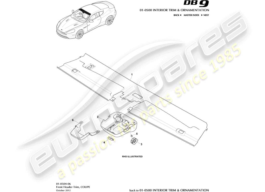 aston martin db9 (2014) frontverzierung für dachhimmel, coupé-teilediagramm