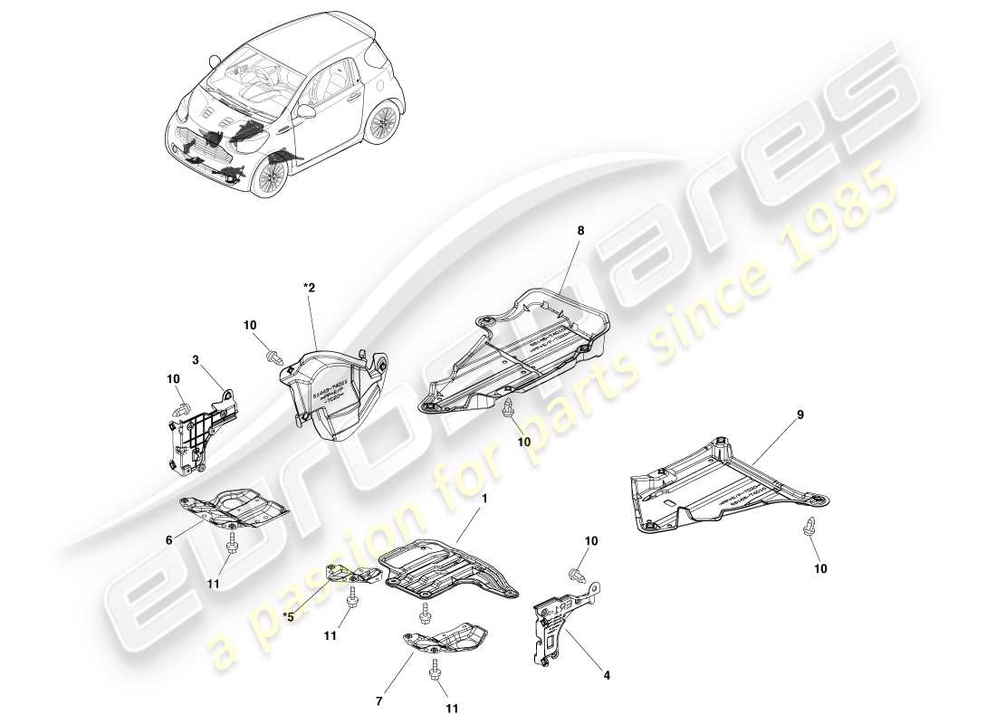 aston martin cygnet (2012) teilediagramm für abdeckungen und schutzvorrichtungen