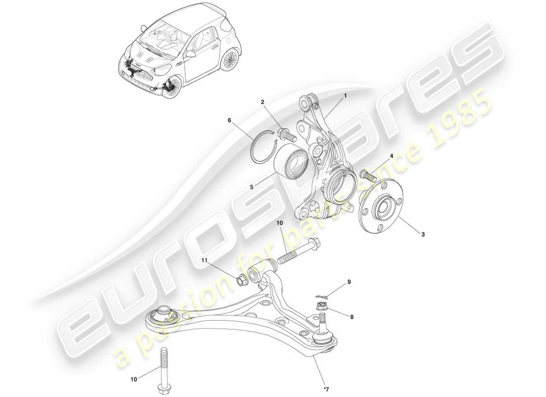 aston martin cygnet (2012) teilediagramm für achsschenkelbaugruppe vorderradaufhängung