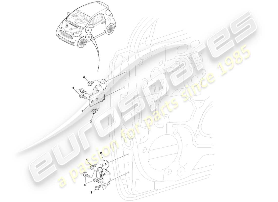 aston martin cygnet (2012) teilediagramm für vordertürscharniere