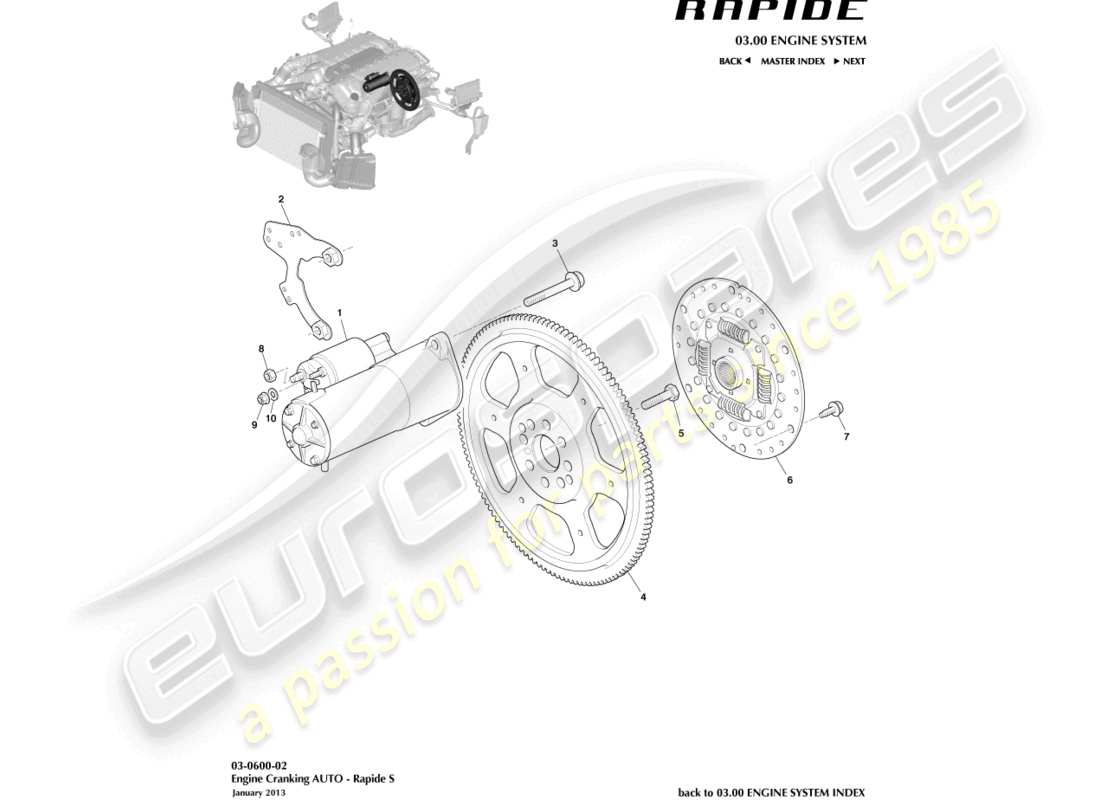 aston martin rapide (2014) motor ankurbeln, autoteildiagramm