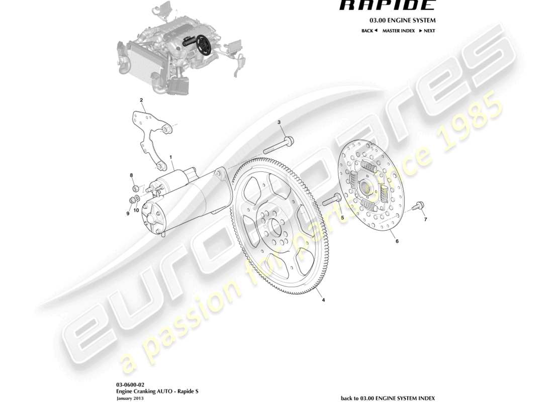 aston martin rapide (2011) motor ankurbeln, autoteildiagramm