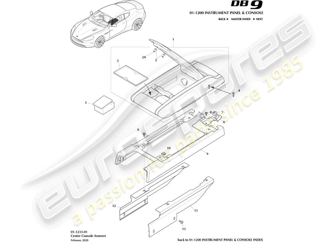 aston martin db9 (2014) teilediagramm der mittelkonsolen-armlehne