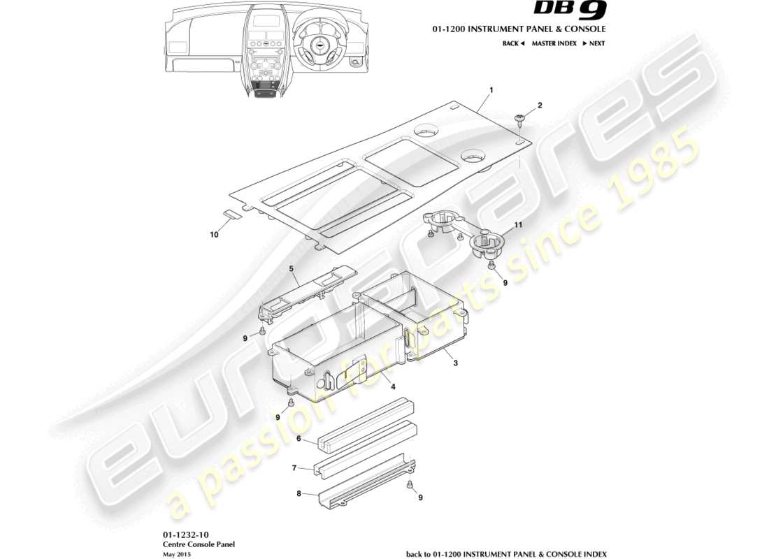 aston martin db9 (2015) teilediagramm der mittelkonsolenverkleidung