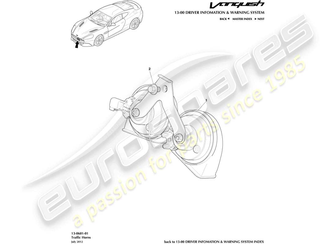 aston martin vanquish (2015) teilediagramm für verkehrshupe