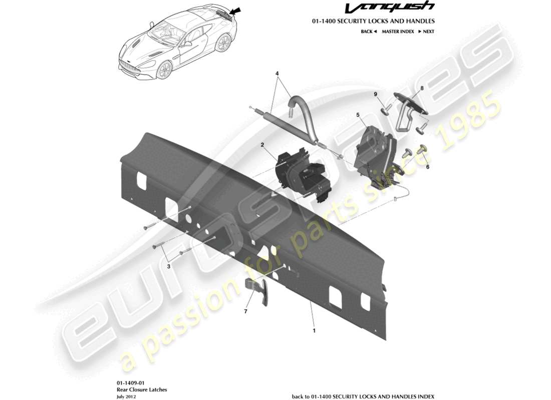 aston martin vanquish (2015) teilediagramm für hintere verschlussriegel