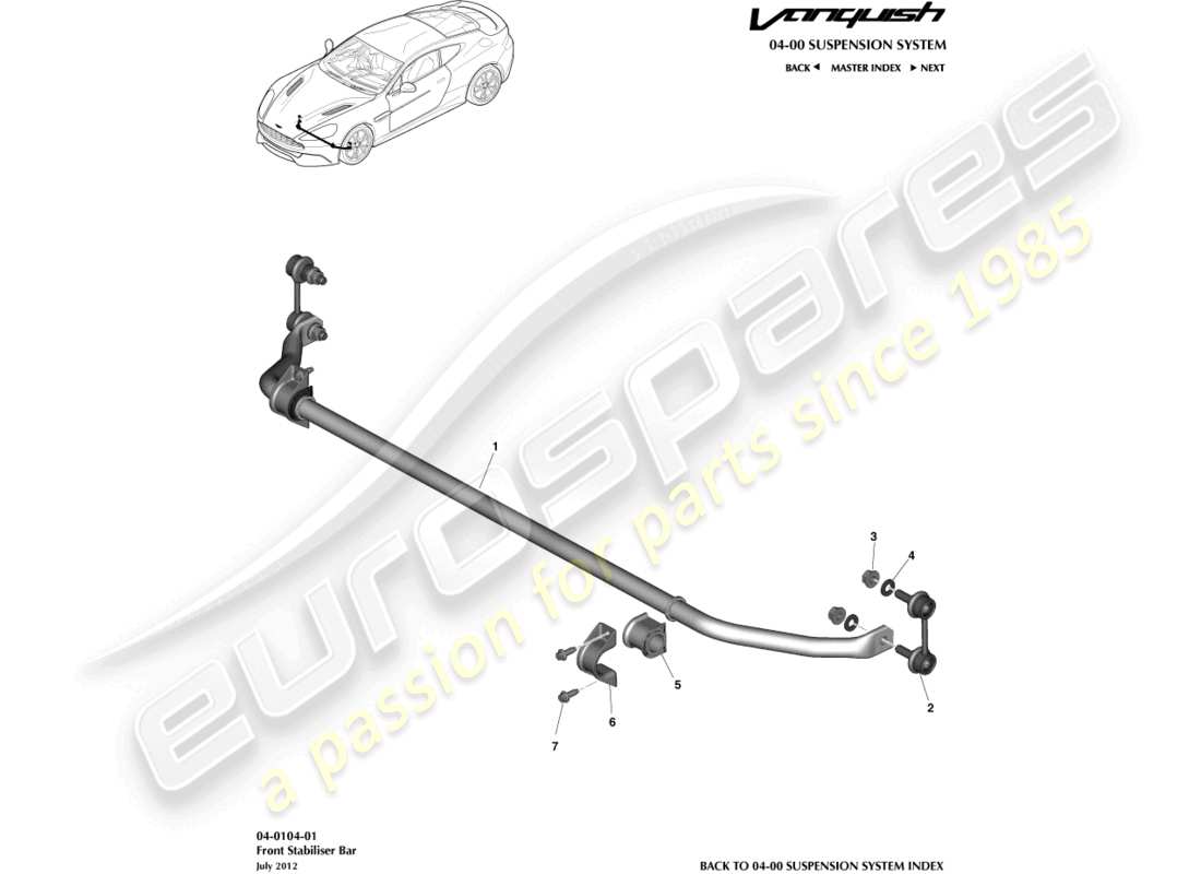 aston martin vanquish (2015) teilediagramm für vorderen stabilisator