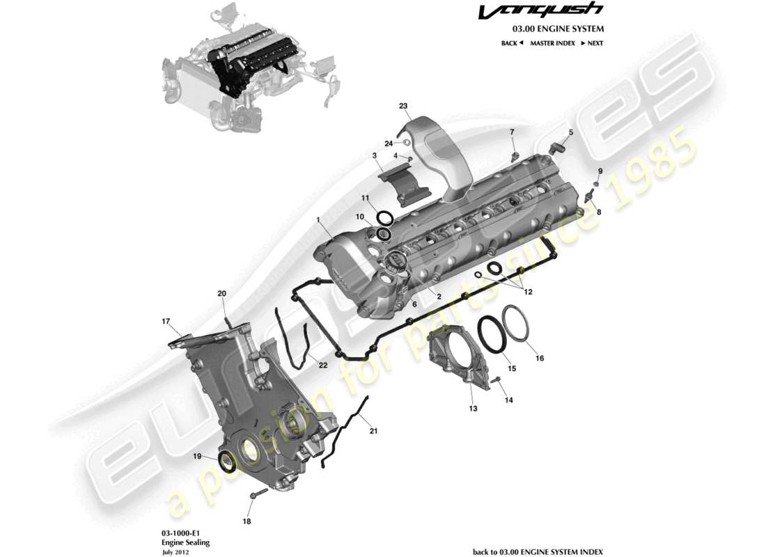 aston martin vanquish (2015) teilediagramm für motordichtungen